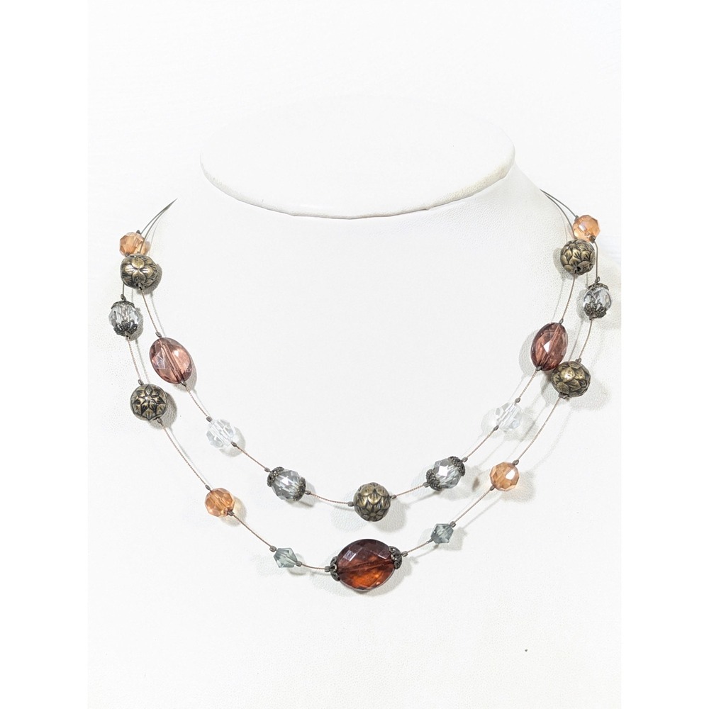 Boho Bronze Tone Multi Wire Station Bead Necklace Brown Mixed Beads 19"